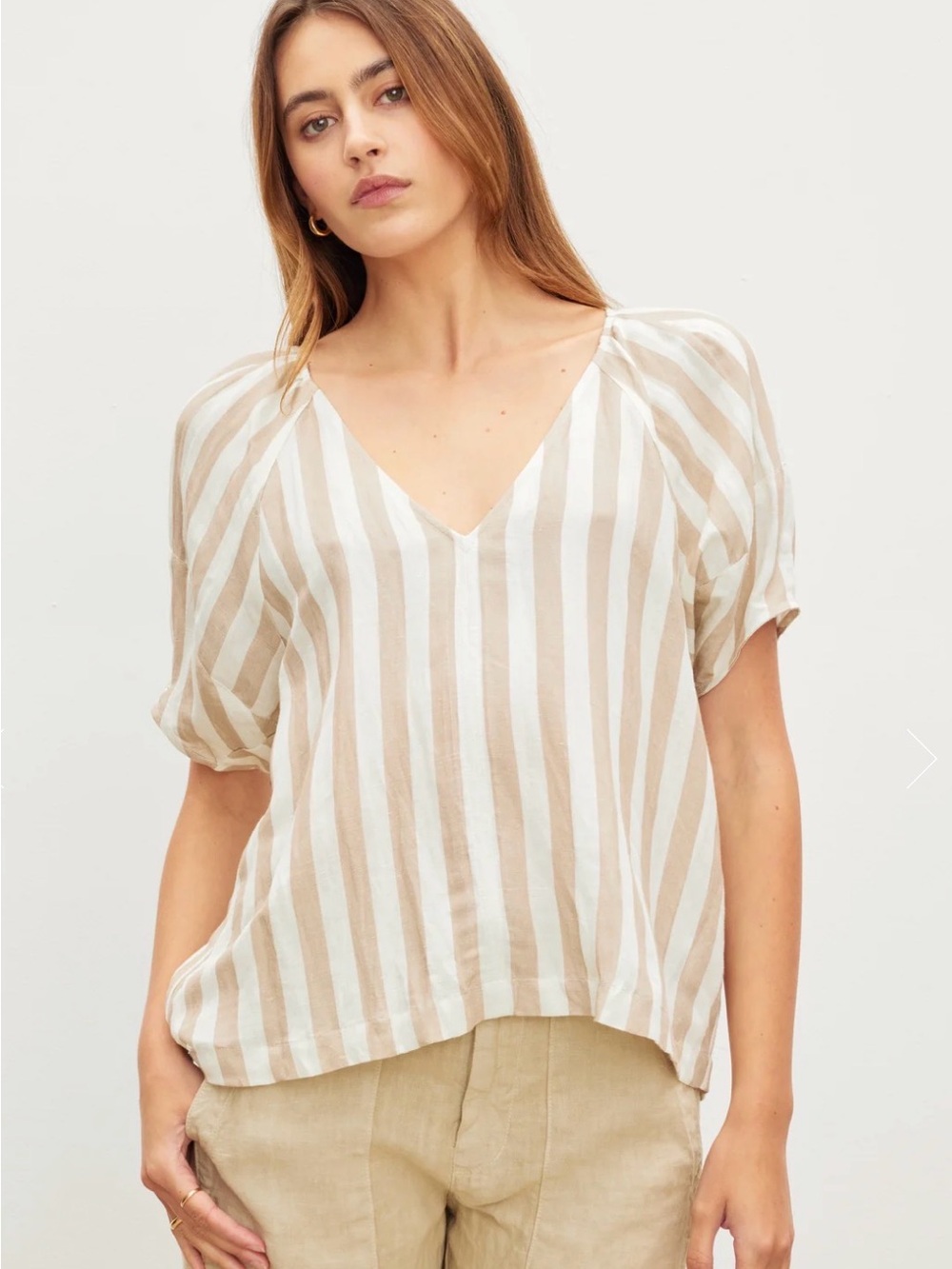 Velvet by Graham & Spencer Striped V-Neck Short Sleeve Top Linen Blend - #240